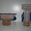 Czechoslovakia pink Quilted glass open compote with cobalt  trim Kralik Knuckle dsgn