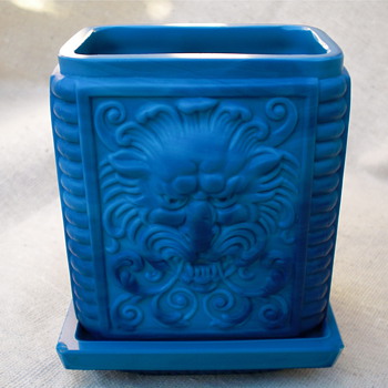 Blue Malachite Glass Jar "Lion Mask and Flower Basket" - Art Glass