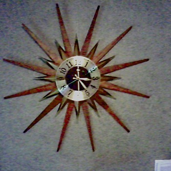 Elgin Walnut or Teak Brass "Sunburst" / "Starburst Clock" /  Circa 1960's 1970's
