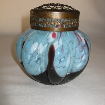 Art Deco Czechoslovakia Glass vase with flower frog and applied amethyst drip Ruckl Blue Shimmy decor - Art Glass