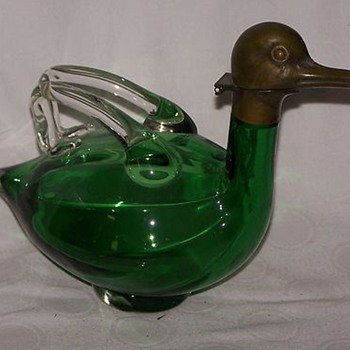 Karl Palda Art Deco Green Glass Duck Decanter Clear Applied Handles - Art Glass