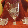 Etched glass pitcher, sugar & creamer