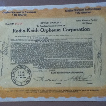 RKO Stock Certificate - Paper