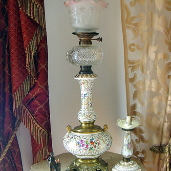 1880's German Porcelain Hand Painted Kerosene Lamp w Cut Font - Lamps