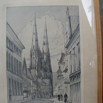Etching of Eindhoven Cathedral/Gift to Herrn Major Klempin March 17, 1944 - Military and Wartime