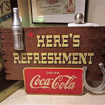 1940s Coca Cola Kay wooden sign "HERE'S REFRESHMENT"