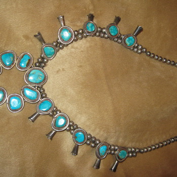 Antique Sterling Silver/Turquoise Navajo Squash Blossom Necklace