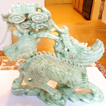 Qilin from Qing Dynasty, Jade 2.8 pounds, and Cherub holding money sack jadeite 9.3 ounces