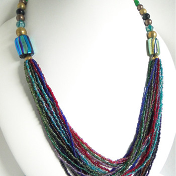 Venetian? foil beads, glass seed beads, copper, plastic,and glass bead necklace - Costume Jewelry