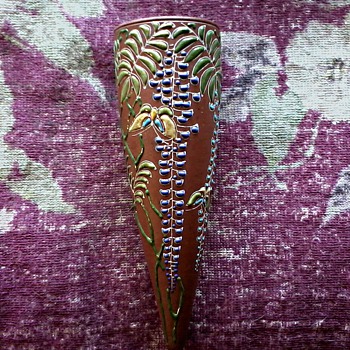  Exquisite Japanese Terra Cotta "Moriage" Enamel Wall Pocket / Wisteria and Butterflies  / Circa 1940's 50's - Art Pottery