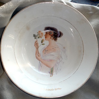 "Eat Rosebud Mush." 1890's Harker Pottery Advertising Cereal Bowl Feat.: The Rosebud Girl - Advertising