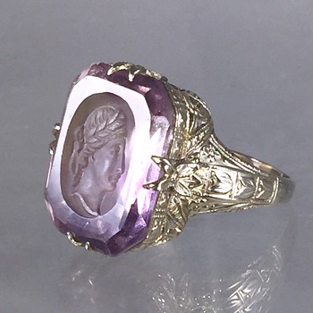 Art Deco Carved Intaglio Amethyst Etched 14k Ring - Fine Jewelry