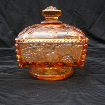amber depression glass candy dish w/ grapevine pattern. - Glassware
