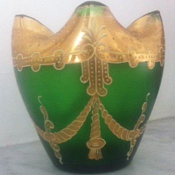 Green crimped satin glass with enamelled swags - ancient or modern? - Art Glass