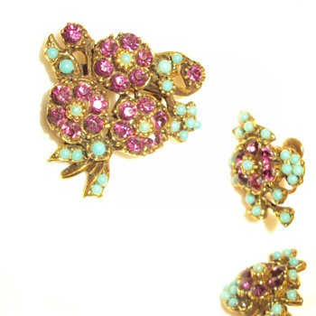 Purple and turquoise floral pin and earring set