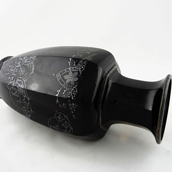 Black Glass Vase with Sterling Overlay Decoration - Art Deco