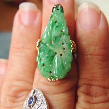 Antique Carved Jade Jadeite 14k Ring 1.20" - Asian