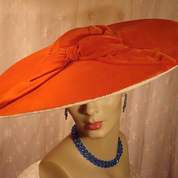 Hollywood Glam Orange Velvet Pancake Hat ca 1940s