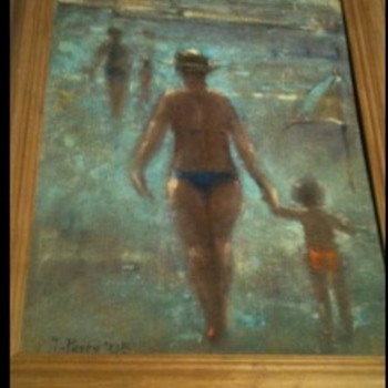 A nice Chalk Drawing of mother and Child on the beach