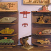 New military toy display. Grandfather's hand built shelves put to good use!