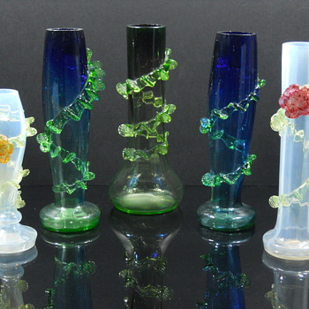 Art glass vases with vaseline rigaree. Bohemian? - Art Glass