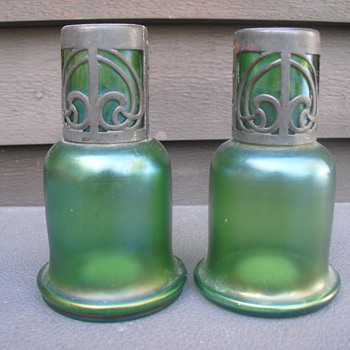 Iridescent green vases - Art Glass
