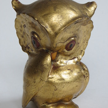 Little Gold Leafed Pottery Owl, Mid Century?~Terrific design,..Maker? - Figurines