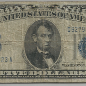 Inverted Back - 1934 5-dollar US Silver Certificate Bill - US Paper Money