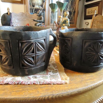 Old wood Japanese buckets, 10 inches X 7 inches, carved from one piece of wood - Asian