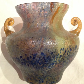 Czechoslovakia Sand Paper Finish Glass Vase with applied Orange Handles - Art Glass