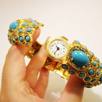 Vintage Kenneth Jay Lane Turquoise Cabochon and Rhinestone Bangle with Hidden Watch