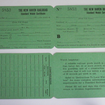 The New Haven Railroad Standard Watch Certificate