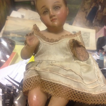 Very Old Wooden Baby with cloth dress & pink cheeks - Dolls