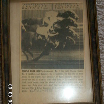 "Triple Dead Heat" ~October 22, 1955~ Antique Framed Horse Racing Article - Paper
