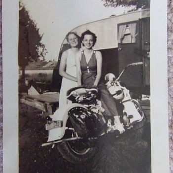 Photograph of two women with a Harley c. 1938