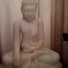 Buddha sculpture from (we believe) the 1904 World's Fair.  White marble; weight 300 pounds; 34" tall; 30" wide; 15" deep.  