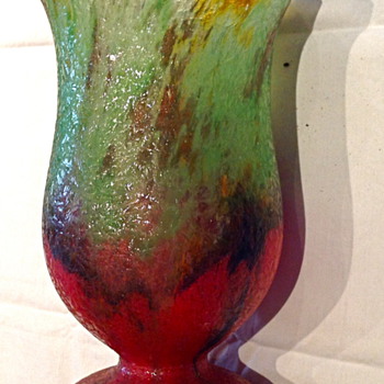 Czech : Chipped Ice / Glue Chip Green and Red Vase - Art Glass