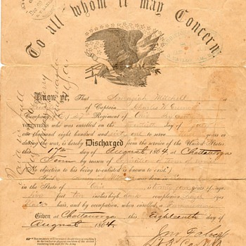 4th Great Grandfather's Civil War Discharge - Paper