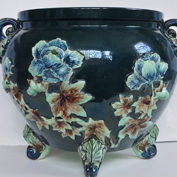 Large Majolica Jardiniere, Sculpted Peonies, Handles and 3 Footed~Chinese? - Art Pottery