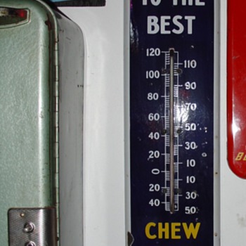 1930's...Treat Yourself To The Best...Chew Mail Pouch Tobacco...Porcelain Thermometer...Three Colors