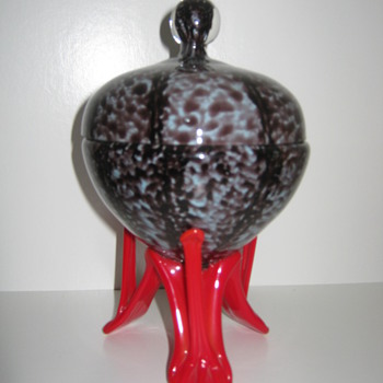 Czechoslovakia Glass Strutted Covered Candy Dish's Franz Welz  Vertical Stripes  - Art Glass