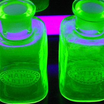 Rare Green Uranium Cambridge Lotion & Witch Hazel Bottle Set - Glassware