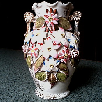 English Majolica Vase with Applied Flowers / Circa 1930's - Art Pottery