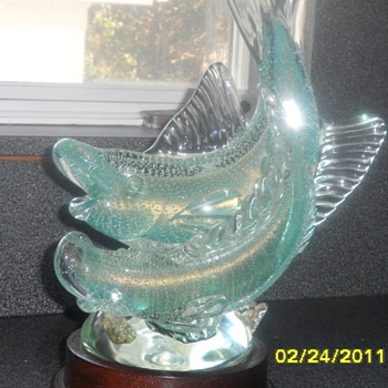 Murano double fish figure with lighted base - Art Glass