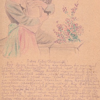 Set of World War One Hand-drawn Postcards to a Lover - Folk Art