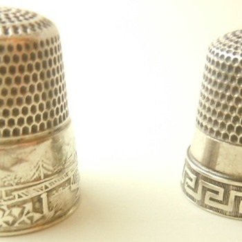 sterling silver thimbles with 2 scenic houses with a bridge connecting them