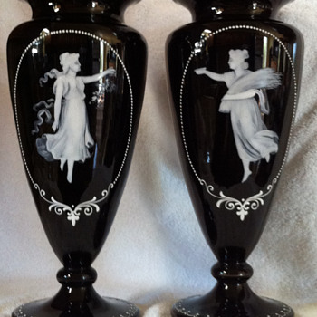 Pair of Black Mary Gregory Vases - Art Glass