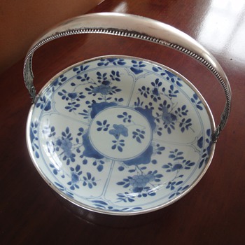Antique blue bowl with silver handle - Art Pottery