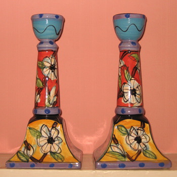 Hand-Painted Ceramic Candlestick Holders   They are signed & numbered on the bottom & Titled "The Mirage"