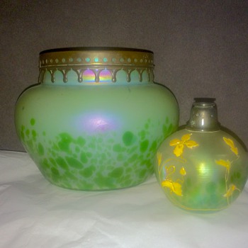 Kralik Green Oil Spot Iridized Metal Rim Bowl. - Art Glass